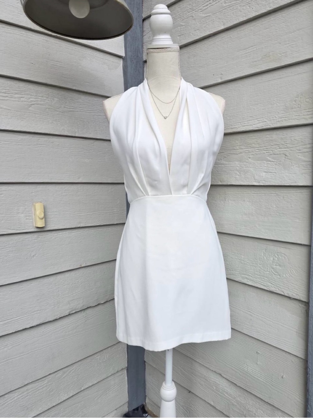 White Halter Mini Dress - Elegant V-Neck Cocktail Dress